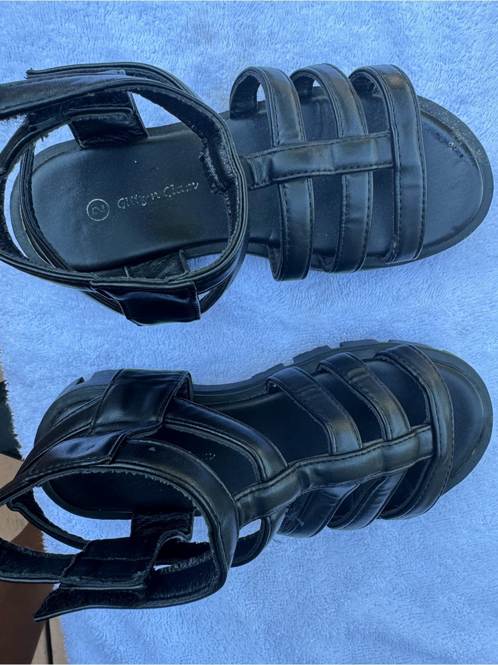 Girls Black Strappy Gladiator Sandals with Velcro Ankle Strap